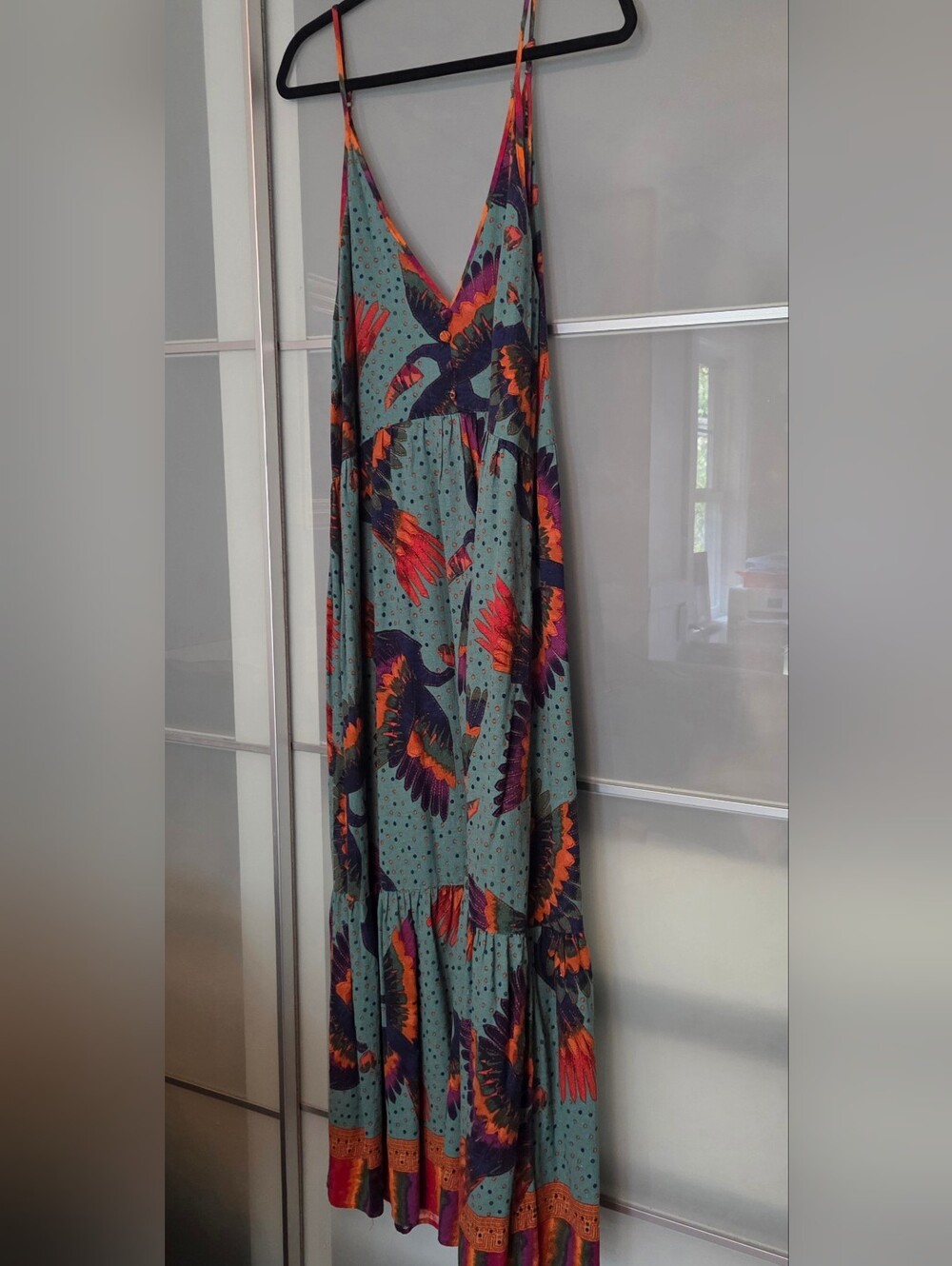 FARM Rio Teal Maxi Dress with Orange & Purple Bird Print